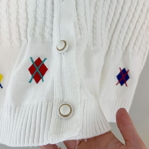 Vtg Aileen Womens White Cardigan Sweater Vest XL Ribbed Knit Argyle Golf Preppy - Picture 5 of 11